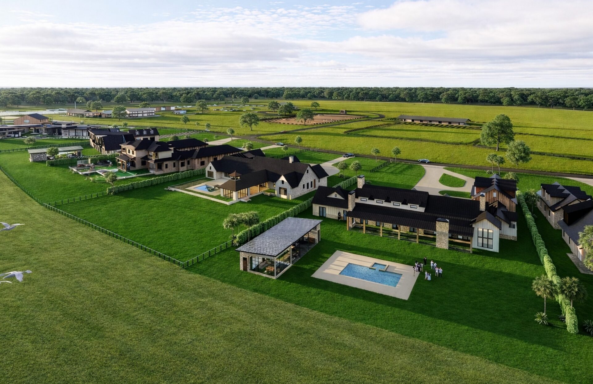 Drake Ranch social and recreational campus with pool, clubhouse, and amenity buildings